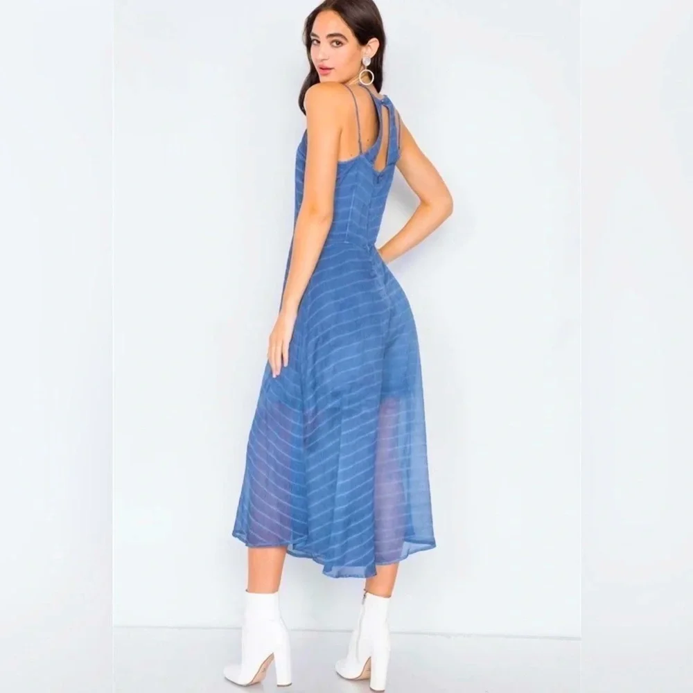 Hummingbird Indigo Blue Contrast Stripes Sheer Flare Leg Jumpsuit